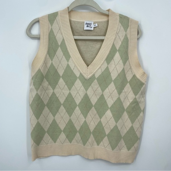 Princess Polly Sweaters - Princess Polly Poppy Argyle Light Academia Y2K Sweater Vest M/L green cream